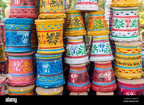 Colorful Painted Plant Pots At A Garden Center Display For Sale Stock