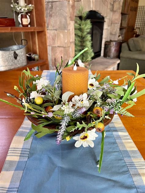 Rustic Dough Bowl Centerpiece With Berries And Daisies Summer Etsy