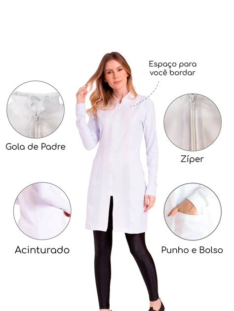 Jaleco Feminino Acinturado Gola Padre Punho Premium Luxo