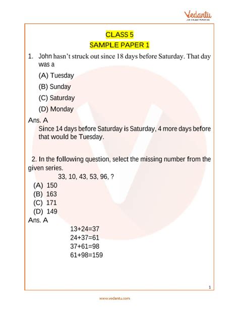 Imo Maths Olympiad Sample Paper 1 For Class 5 With Solutions