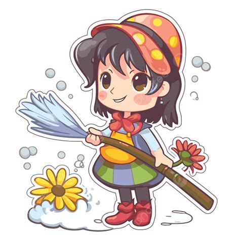 Farmville Lun Ada Anime Girl Cleaning Sticker Giclee Print Vektor Clipart Biru Desain Stiker