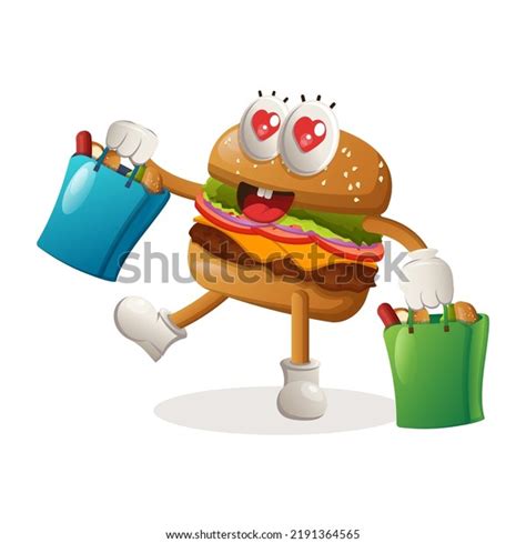 Cute Burger Mascot Design Happy Shopping Stock Vector Royalty Free