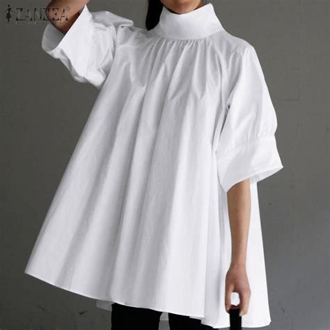 ZANZEA Korean Style Women S Blouse High Neck Short Sleeve Pleated New