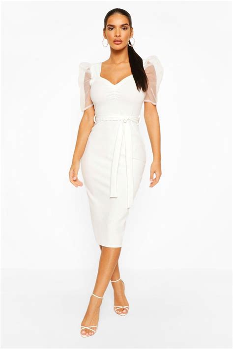 Womens Organza Mesh Puff Sleeve Midi Dress White