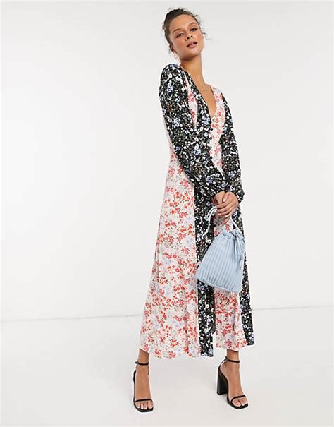 Asos Design Maxi Tea Dress In Half And Half Contrast Floral Print In