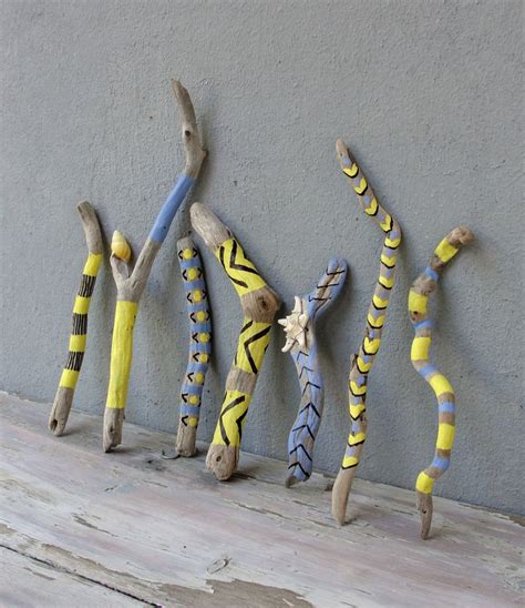 Natural Painted Driftwood Sticks Sunny Yellow Starfish Seashell Sky