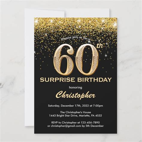 Surprise 60th Birthday Black And Gold Glitter Invitation Zazzle