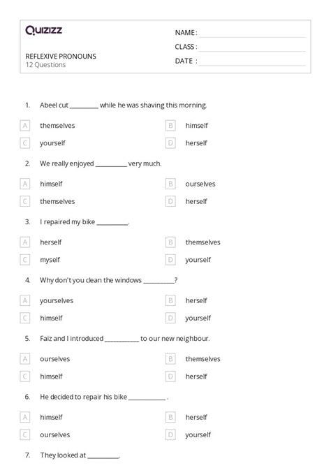 Reflexive Pronouns Worksheets For Th Class On Quizizz Free