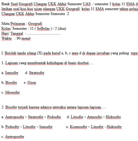 Soal Ukk Uas Geografi Kelas Sma Smk Semester Dokumen Psikotes