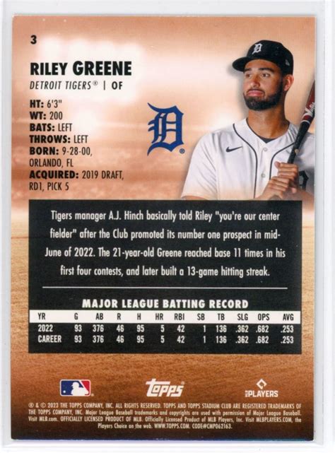 2023 Topps Stadium Club Black Foil Riley Greene Rc Detroit Tigers 3 Ebay