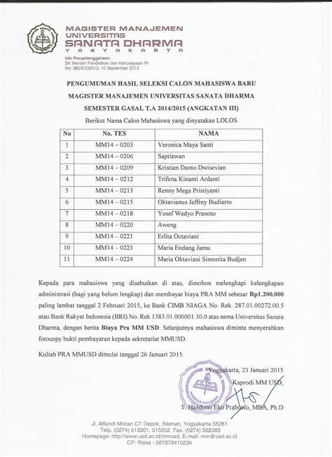 Magister Manajemen USD Pengumuman Seleksi Calon Mahasiswa Baru MM USD