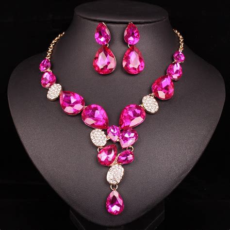 Hot Pink Necklace Earrings Set Fuchsia Rhinestone Crystal Etsy