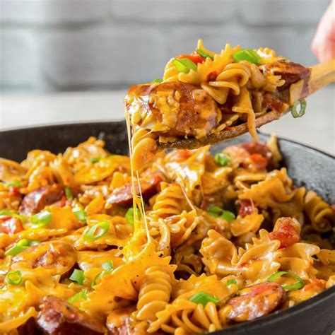 One Pan Cheesy Smoked Sausage Pasta Recipe YellowBlissRoad