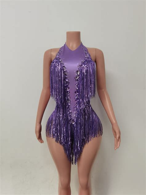 Rhinestone Catsuit Sparkly Rhinestones Fringes Bodysuit Nightclub