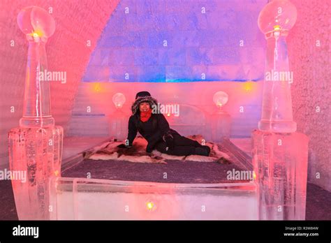 Asian Woman Ice Museum Chena Hot Springs Resort 60 Miles From Fairbanks Alaska MR Stock