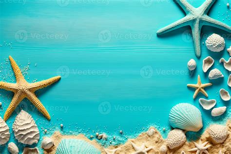 Seashell Starfish And Beach Sand On Blue Wooden Background Summer