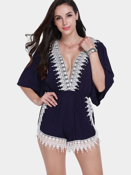 Bell Sleeved Deep V Neckline Playsuit With Lace Trim Us 19 99 Yoins