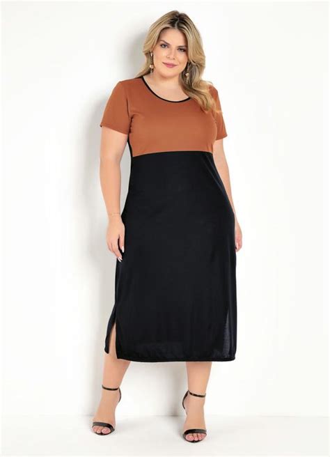 Vestido Midi Preto E Caramelo Fendas Plus Size Marguerite