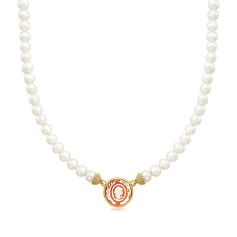 Italian Cultured Pearl And Orange Shell Cameo Choker Necklace In 18kt