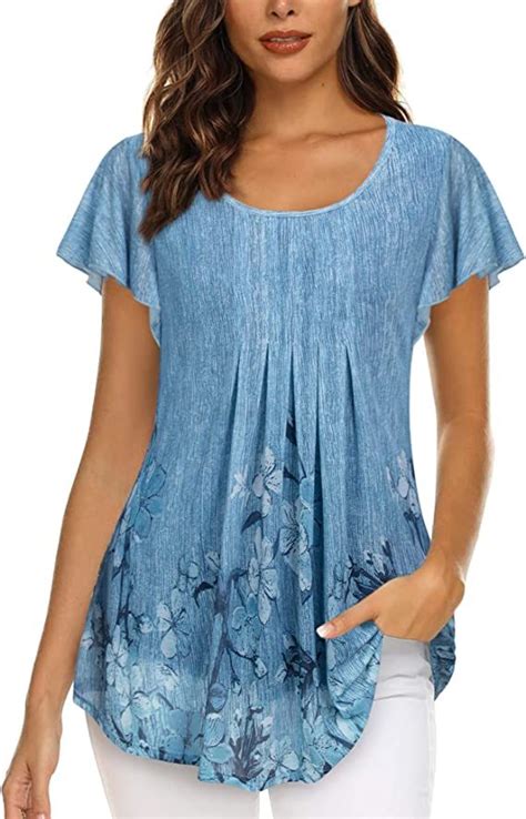 Timeson Womens Short Sleeve Tunic Tops Floral Double Layers Casual