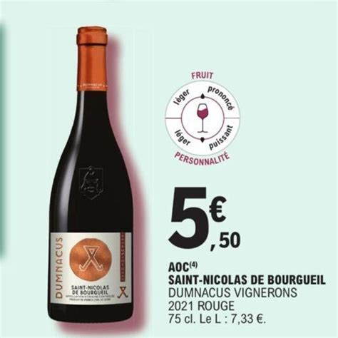 Promo AOC Saint Nicolas De Bourgueil Dumnacus Vignerons 2021 Rouge Chez