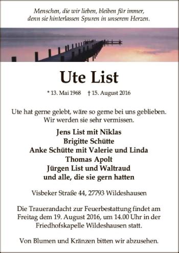 Traueranzeigen Von Ute List Trauer Kreiszeitung De