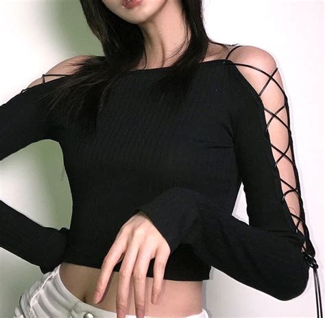 Gothic Hollow Out Black Long Sleeve Crop Top Sexy Bandage Etsy