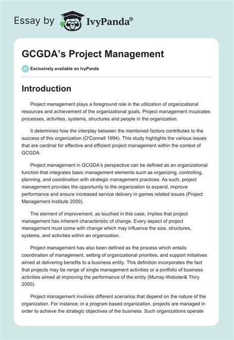 Gcgdas Project Management 2771 Words Essay Example