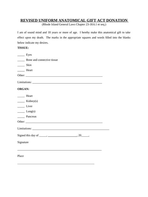 Revised Uniform Anatomical Gift Act Donation Rhode Island Fill Out