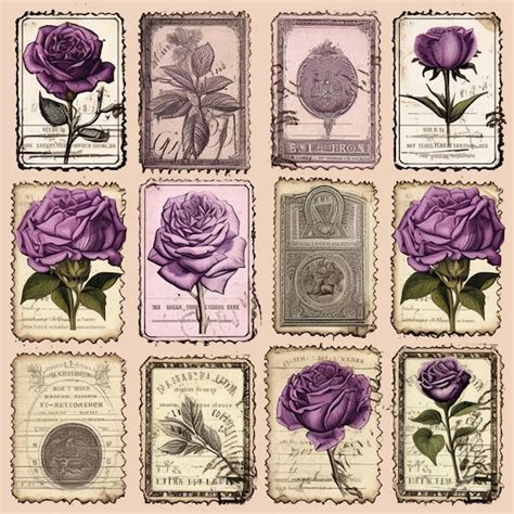 Premium Photo A Close Up Of A Bunch Of Stamps With Purple Roses