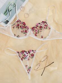 Floral Embroidered Mesh Underwire Lingerie Set Shein Uk