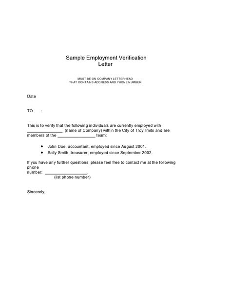 Employment Verification Letter Template Word