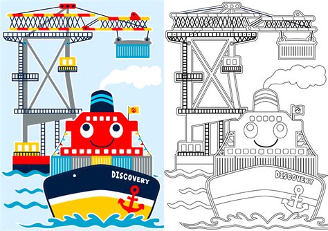 Busy Port With Funny Ship Vector Cartoon Illustration Coloring Book