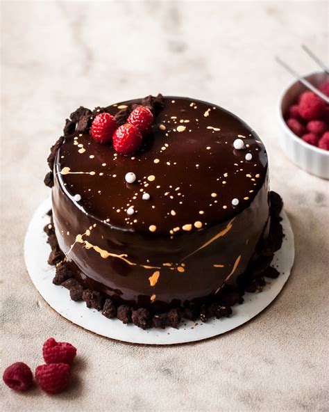 Chocolate And Raspberry Mousse Cake With Dark Chocolate Mirror Glaze