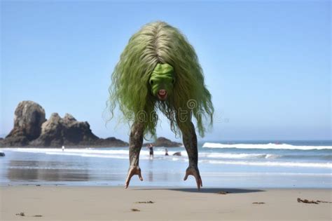 Alien Attempting Handstand On The Beach With Ocean Breeze In Its Hair