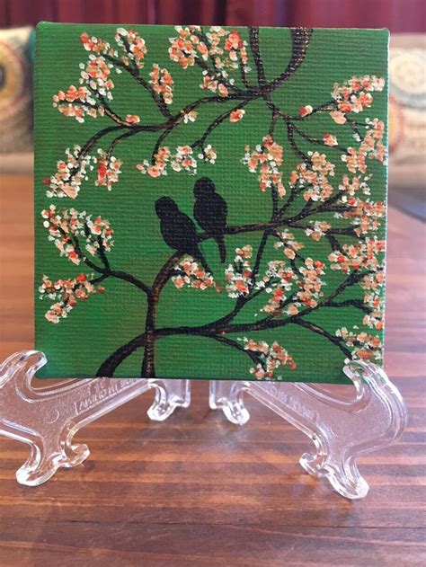 Lovebirds Couple Tiny Canvas Painting Acrylic Canvas Wall Art Green Painting Engagement Wedding