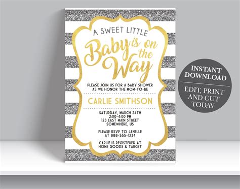 A Sweet Little Baby is on the Way, Neutral Baby Shower Invitation, Gold ...