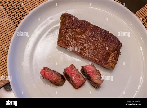 Medium Rare Cooked Wagyu Beef Sit On A White Plate Stock Photo Alamy