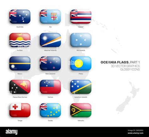 Oceania Countries Flags 3D Vector Rounded Glossy Icons Set Isolate On