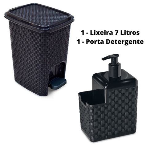 Kit Lixeira Pedal Litros Porta Detergente E Esponja Dispenser