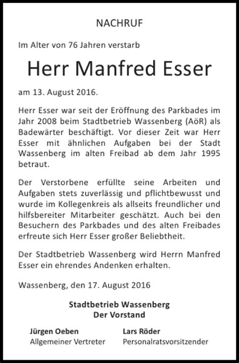 Traueranzeigen Von Manfred Esser Aachen Gedenkt