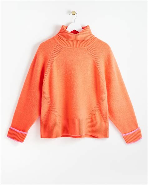 Contrast Tipping Roll Neck Orange Knitted Jumper Oliver Bonas