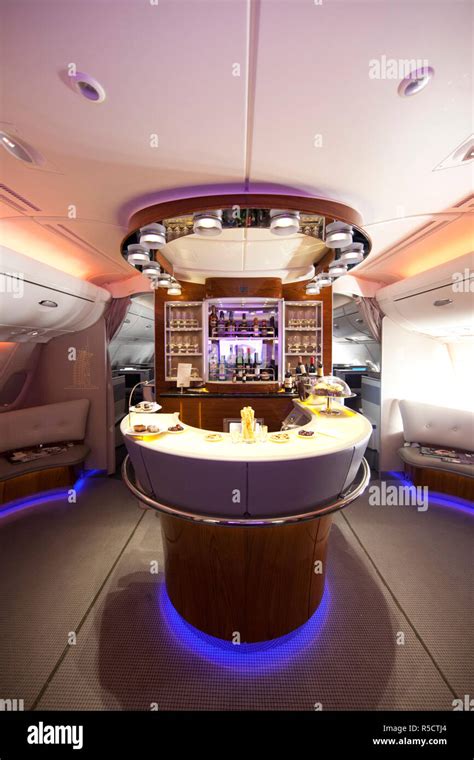 Business Class Lounge Bar on the Emirates A380 aircraft Stock Photo - Alamy