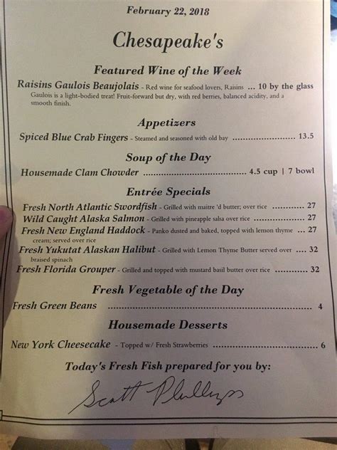 Menu At Chesapeake S Seafood Restaurant Knoxville Parkside Dr