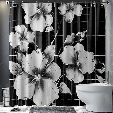 Black And White Floral Shower Curtain Modern Style Bathroom Decor With