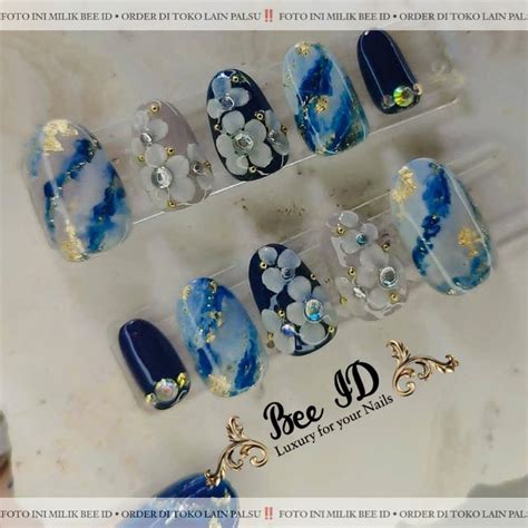 Jual Navy X Marble X Abu 3D Cantik Fake Nails Premium Press On Nail