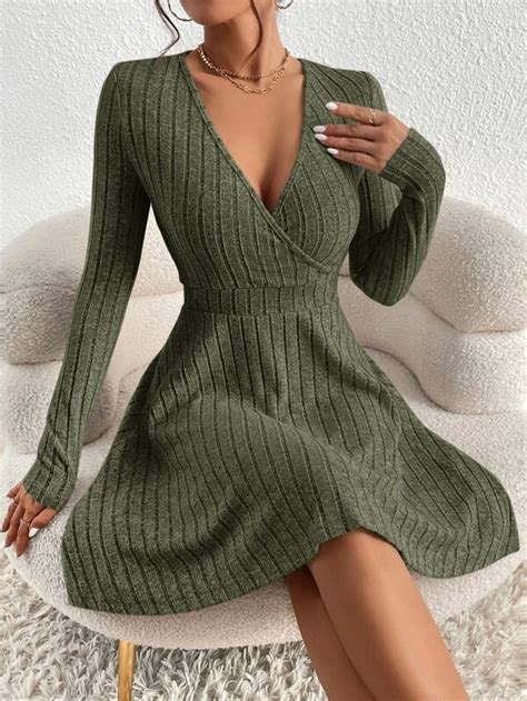 Shein Essnce Surplice Neck Ribbed Knit Dress Shein Uk