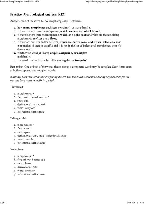 Key Test 1 Practice Morphological Analysis Key Analyze Each Of The Items Below