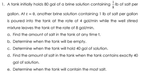 Solved A Tank Initially Holds Gal Of A Brine Solution Chegg