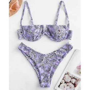 Emmiol Free Shipping 2025 Flower Print Split Triangle Bikini Lilac L In Bikini Sets Online Store